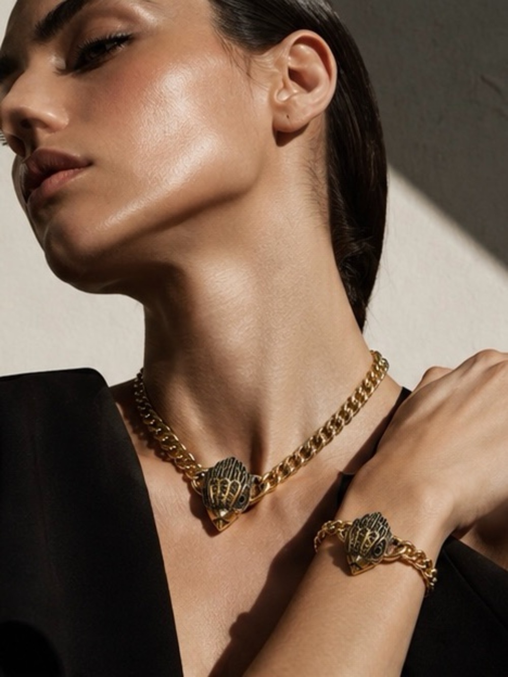 Bold Vintage Gold Chain Set Sculptural Bird Head Necklace & Bracelet